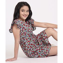 Pine Kids Frill Sleeves Softner Wash Frock Floral Print - Black