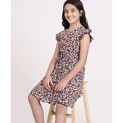 Pine Kids Frill Sleeves Softner Wash Frock Floral Print - Black