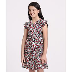 Pine Kids Frill Sleeves Softner Wash Frock Floral Print - Black