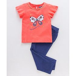 Pine Kids Half Sleeves Bio Wash Top & Legging Set Butterfly Print - Peach Blue