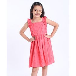 Pine Kids Sleeveless Above Knee Length Schiffli Frock with Softner Wash - Coral