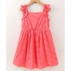 Pine Kids Sleeveless Above Knee Length Schiffli Frock with Softner Wash - Coral