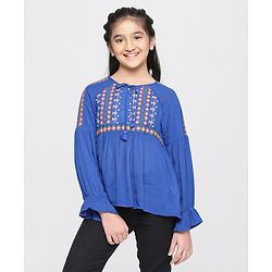 Pine Kids Full Sleeves Biowash Embroidered Top - Royal Blue