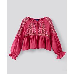 Pine Kids Peasant Sleeves Embroidered Top  - Pink
