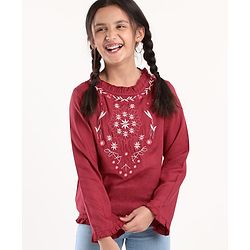 Pine Kids Full Sleeves Embroidery Top - Maroon