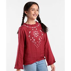 Pine Kids Full Sleeves Embroidery Top - Maroon