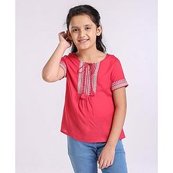 Pine Kids Half Sleeves Premium Embroidery Top - PInk