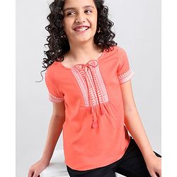 Pine Kids Half Sleeves Premium Embroidered Top - Coral