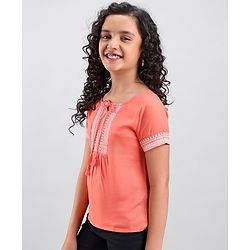 Pine Kids Half Sleeves Premium Embroidered Top - Coral