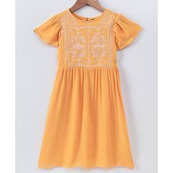 Pine Kids Short Sleeves Frock Embroidered  - Yellow