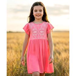 Pine Kids Short Sleeves Frock Embroidered  - Pink