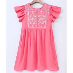 Pine Kids Short Sleeves Frock Embroidered  - Pink