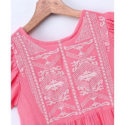 Pine Kids Short Sleeves Frock Embroidered  - Pink