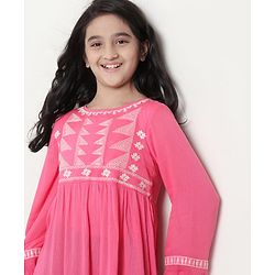 Pine Kids Full Sleeves Frock with Embroidery - Pink