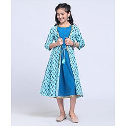 Pine Kids Full Sleeve Ethnic Solid Dress with Floral Printed Cape and Mask - Blue