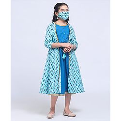Pine Kids Full Sleeve Ethnic Solid Dress with Floral Printed Cape and Mask - Blue