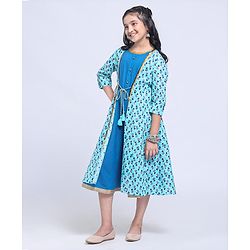 Pine Kids Full Sleeve Ethnic Solid Dress with Floral Printed Cape and Mask - Blue