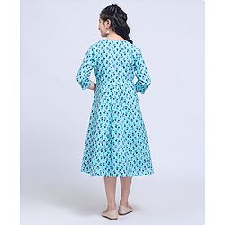 Pine Kids Full Sleeve Ethnic Solid Dress with Floral Printed Cape and Mask - Blue