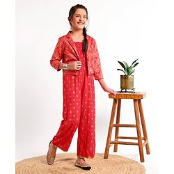 Pine Kids Full Sleeve Gold Printed Ethnic Jumpsuit with Smocking and Printed Jacket and Mask - Red