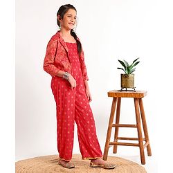 Pine Kids Full Sleeve Gold Printed Ethnic Jumpsuit with Smocking and Printed Jacket and Mask - Red