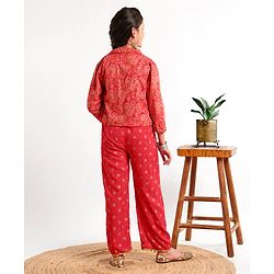 Pine Kids Full Sleeve Gold Printed Ethnic Jumpsuit with Smocking and Printed Jacket and Mask - Red