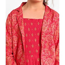 Pine Kids Full Sleeve Gold Printed Ethnic Jumpsuit with Smocking and Printed Jacket and Mask - Red