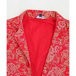 Pine Kids Full Sleeve Gold Printed Ethnic Jumpsuit with Smocking and Printed Jacket and Mask - Red