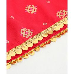 Pine Kids Full Sleeve Gold Printed Ethnic Jumpsuit with Smocking and Printed Jacket and Mask - Red