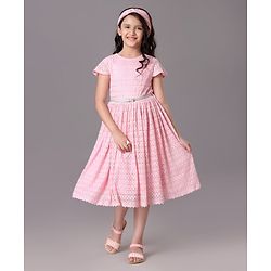 Pine Kids Party Wear Short Sleeves A Line Frock With Glitter Belt -  Pink