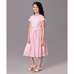 Pine Kids Party Wear Short Sleeves A Line Frock With Glitter Belt -  Pink