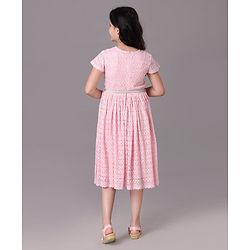 Pine Kids Party Wear Short Sleeves A Line Frock With Glitter Belt -  Pink