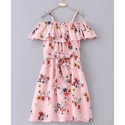 Pine Kids Cold Shoulder Softner Wash Frock Floral Print - Pink