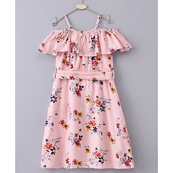 Pine Kids Cold Shoulder Softner Wash Frock Floral Print - Pink
