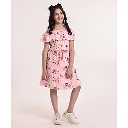 Pine Kids Cold Shoulder Softner Wash Frock Floral Print - Pink