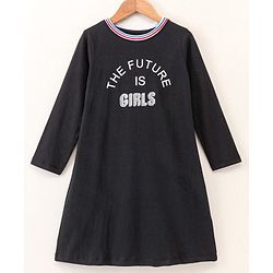 Pine Kids Full Sleeves Frock Text Graphic - Black