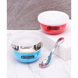 Pine Kids Non Spill Bowls with Spoon Pack of 2 - Blue Pink