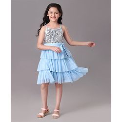 Pine Kids Singlet Tiered Party Dress with Sequin & Foil Print Detailing - Sky Blue