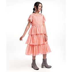 Pine Kids Party Wear Short Sleeves Tiered Frock with Gold Foil Print - Pink