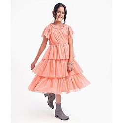 Pine Kids Party Wear Short Sleeves Tiered Frock with Gold Foil Print - Pink