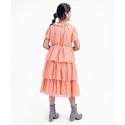 Pine Kids Party Wear Short Sleeves Tiered Frock with Gold Foil Print - Pink