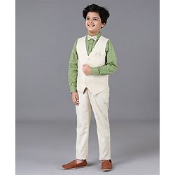 Pine Kids 3 Piece Full Sleeves Party Suit With Bow - White Green