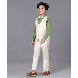 Pine Kids 3 Piece Full Sleeves Party Suit With Bow - White Green