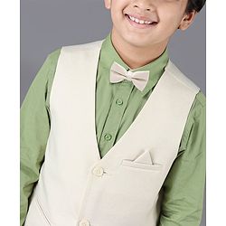 Pine Kids 3 Piece Full Sleeves Party Suit With Bow - White Green